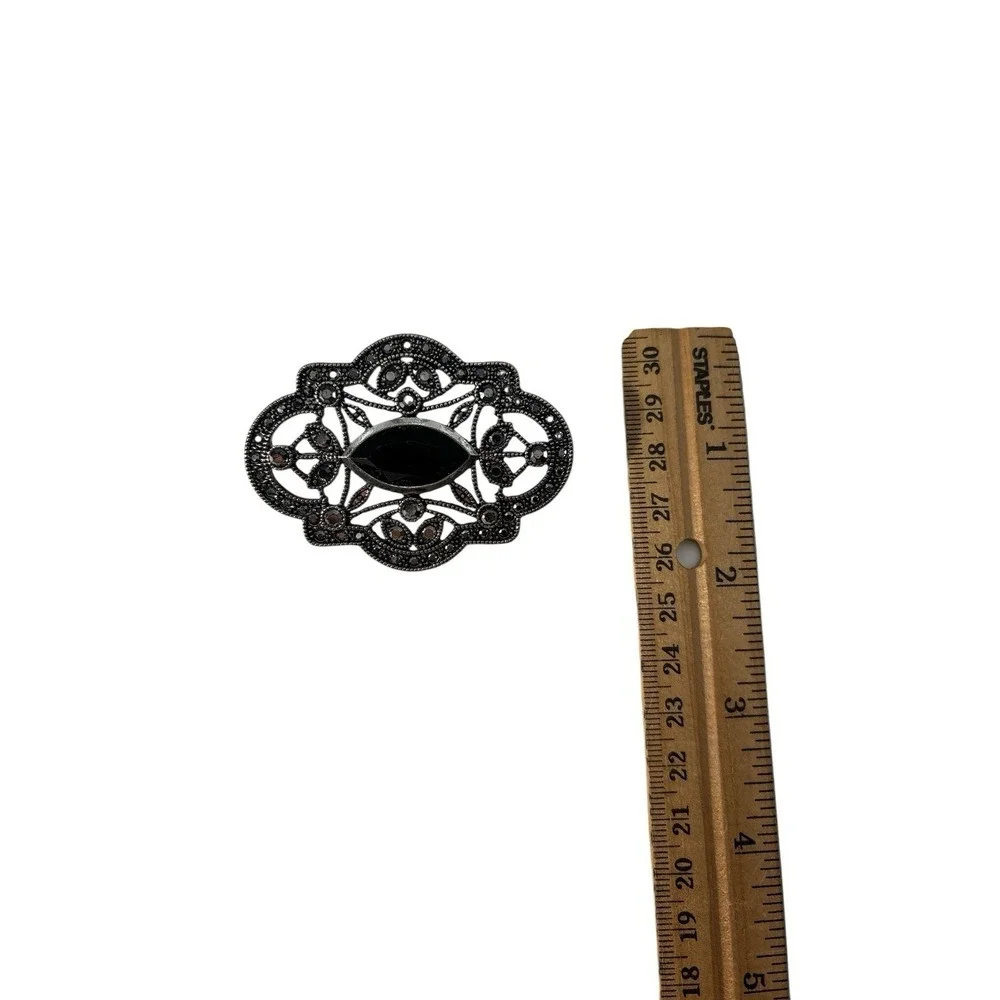 Vintage Signed RMN Silver‎ Tone Marcasite Faux Hematite Center Brooch Pin